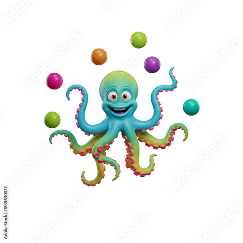 Cute 3D Octopus Juggling Colorful Balls Cartoon Character