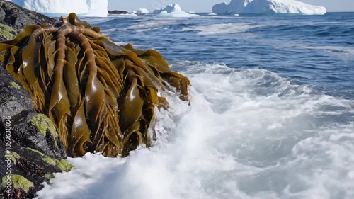 Close up of brown seaweed on a coastal rock with ocean waves and icebergs in the background during daylight