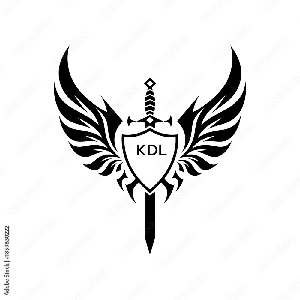 Obraz premium Winged Sword and Shield Logo with Letters, Heraldic Emblem, Black and White Vector Design, KDL Later Logo, 