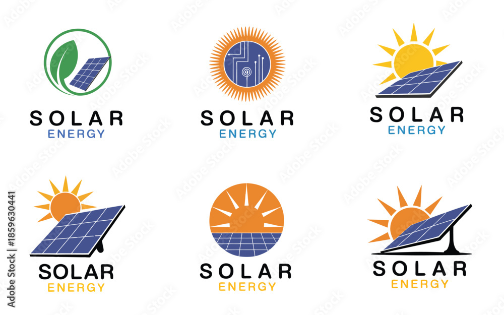 Naklejka premium green energy logo design template sun solar icons vector set renewable eco-friendly power sustainable energy company illustration and branding concept.