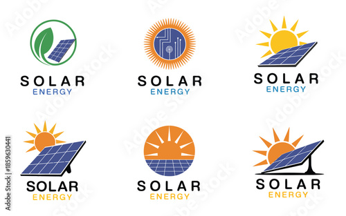 green energy logo design template sun solar icons vector set renewable eco-friendly power sustainable energy company illustration and branding concept.