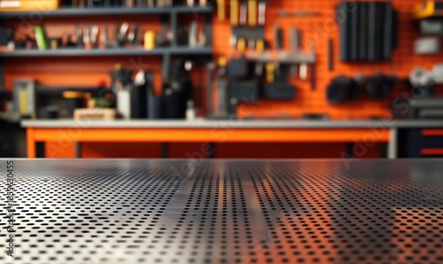 Wallpaper Mural Close up of a perforated metal table in workshop with tools and orange wall Torontodigital.ca
