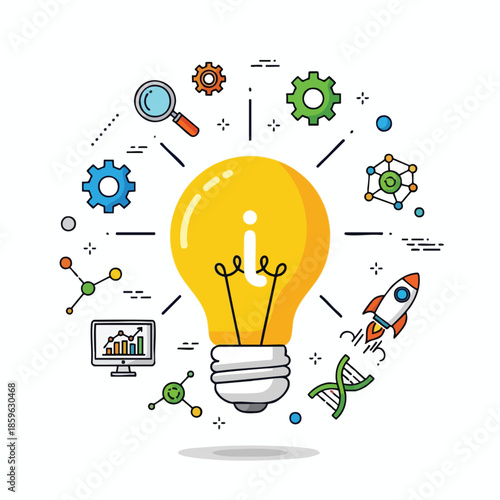 A yellow lightbulb is encircled by various tech and science-related icons