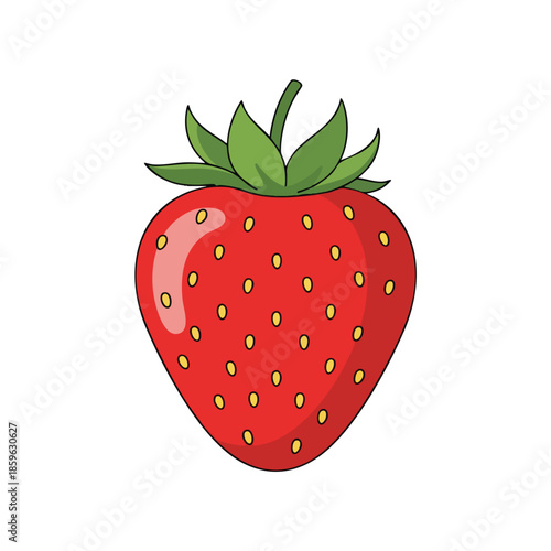 A vibrant, cartoon-style strawberry with a green leafy top and yellow seeds