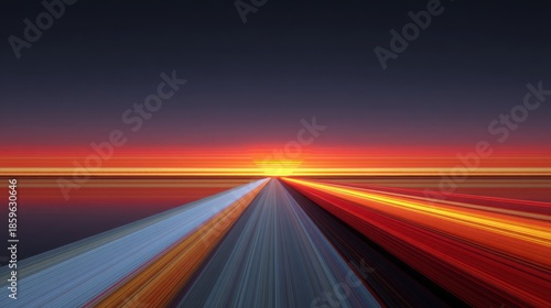 Vibrant Sunset Over Calm Ocean with Colorful Light Trails Creating a Sense of Motion and Warmth in Hemispherical Horizon