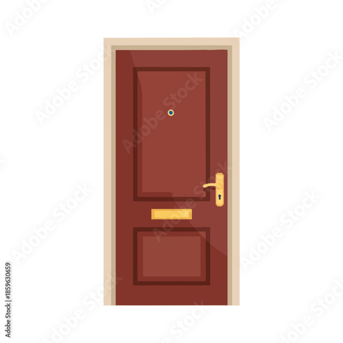 A cartoonish brown door with hardware and rectangular elements