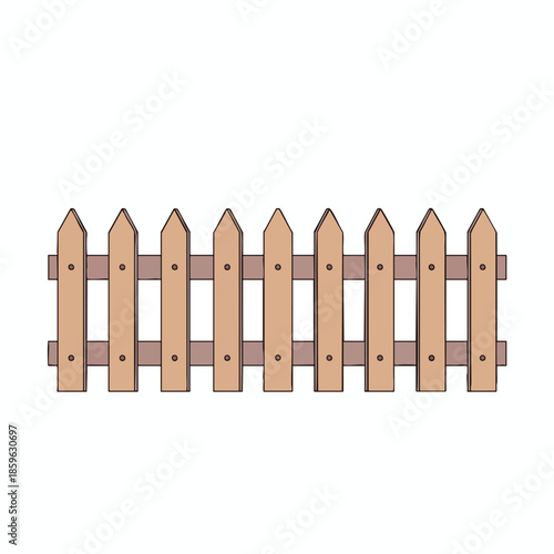A brown wooden picket fence with angled tops and horizontal supports, on white