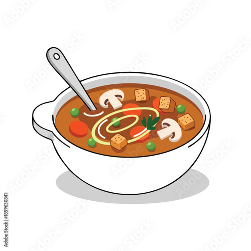 Cartoon illustration of soup with vegetables, croutons, mushrooms, spoon, and broth in a white bowl