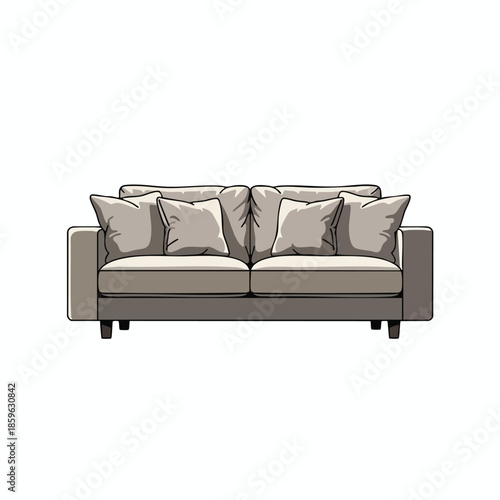 A two-seater sofa with back and seat cushions, with pillows, on a white background