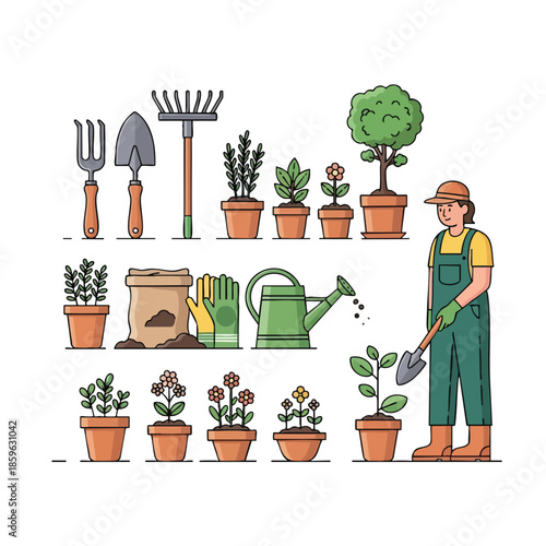 A gardener with tools tends to plants and flowers in pots, white background
