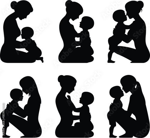 Diverse silhouettes of mothers embracing and cherishing their children in tender moments
