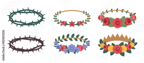 Crowns of thorns and flowers vector artwork with combining delicate flowers and sharp thorns, suitable for tattoo designs