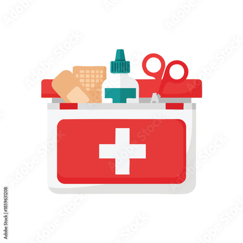 Cartoon image of a first-aid kit, with supplies like bandages and scissors