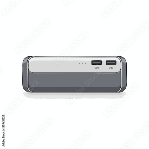 A rectangular, two-tone portable charger with charging ports and indicator lights