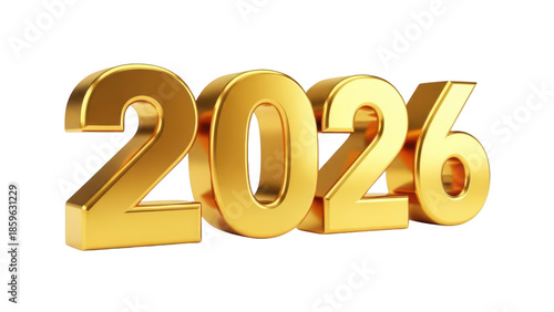 Golden three dimensional year 2026 text graphic isolated on transparent background