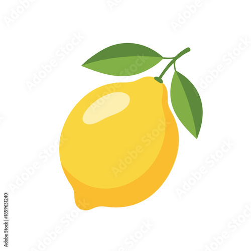 A cartoonish lemon with a pale area, two leaves on a green stem