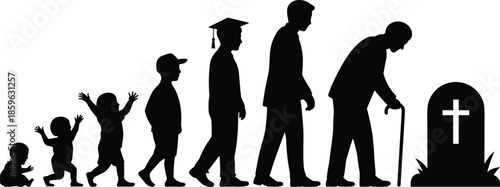Silhouettes of human life stages from baby to elderly near gravestone