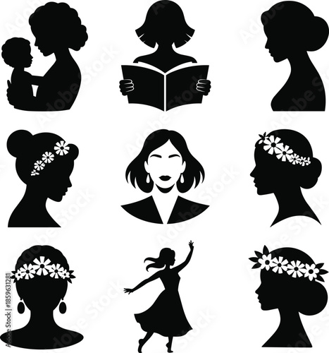 Diverse silhouettes of women showcasing various activities and styles