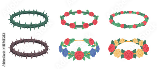 Crowns of thorns and flowers vector artwork with combining delicate flowers and sharp thorns, suitable for tattoo designs