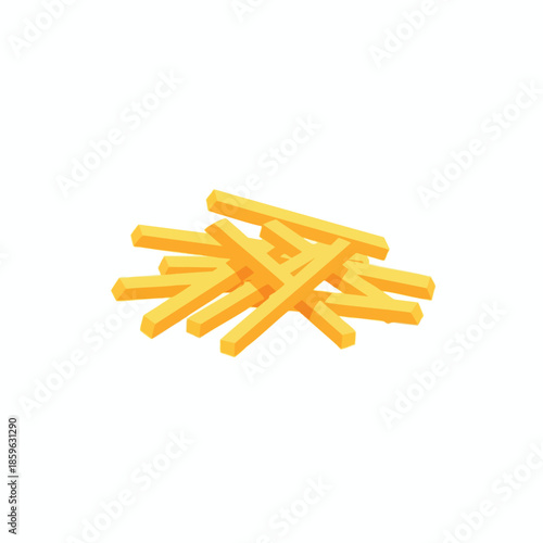 A stylized image of golden-yellow french fries piled on a plain white background