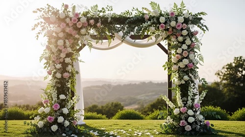 Beautiful Floral Wedding Arch at Sunset with Scenic Mountain View