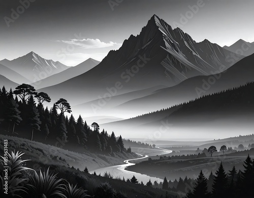Monochrome mountain valley landscape