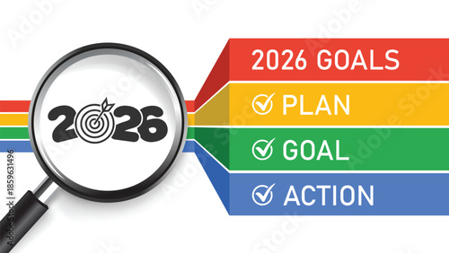 Dynamic 2026 Goals infographic with magnifying glass focusing on "2026", colorful roadmap ribbon featuring Plan, Goal, Action checkboxes. Perfect for new year planning, business strategy.