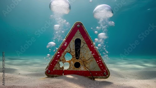 Underwater Warning Sign Exclamation Mark Sandy Seabed Bubbles