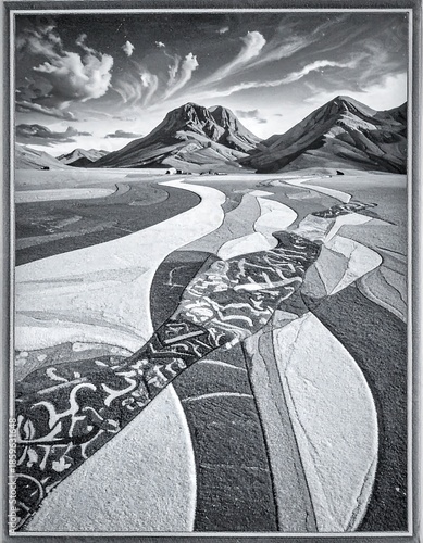 Monochrome landscape with winding river