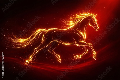 Abstract Glowing Fire Horse Galloping with Golden Light Trails on Red Background