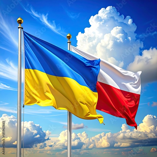 Two national flags waving in a vibrant blue sky
