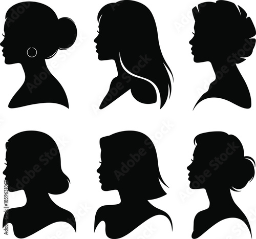 Elegant black silhouettes of diverse women s hairstyles and profiles