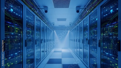 Modern Server Room Data Center with Blue Lights and Fog