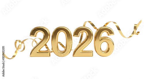 Shiny golden year 2026 text with flowing golden ribbons isolated on transparent background