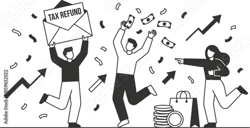 Tax refund celebration with happy diverse people