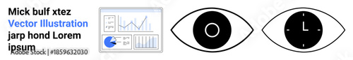 Data chart with graphs and pie chart alongside two abstract eye shapes with inner circle details. Ideal for analytics, technology, monitoring, vision, research, strategy, simple landing page