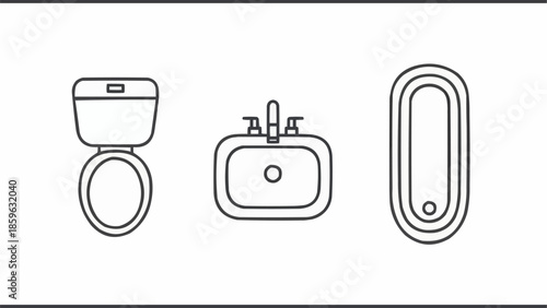 Simple Line Art Icons of Bathroom Fixtures Toilet Sink Bathtub.