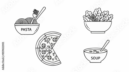 Simple Line Art Icons of Popular Food Dishes.