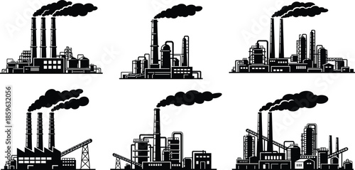 Industrial factory silhouette set featuring power plants, oil refineries, smokestacks, and manufacturing complexes illustrating heavy industry, energy production, and infrastructure