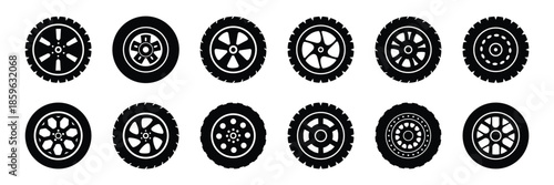 Car Wheel and Tire Icon Set Collection, Automotive Rim Silhouette Symbols Isolated on White Background for Auto Service and Transport Design.eps10