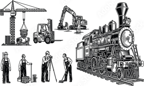 Industrial construction and engineering illustration featuring steam locomotive, tower crane, excavator, forklift, and workers in detailed vintage style line art
