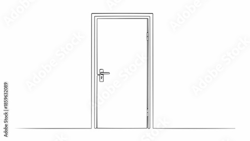 Simple Line Drawing of a Closed Door with Handle.