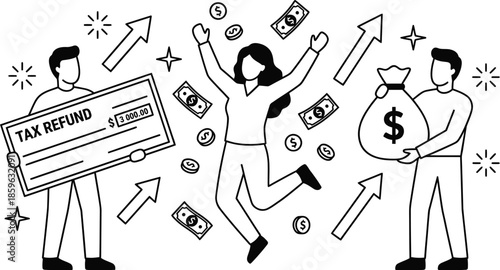 Tax refund celebration with happy diverse people