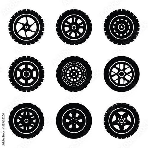 Black Car Wheel and Tire Icon Set Collection Isolated on White Background, Automotive Rim Symbols, Vehicle Alloy Wheel Silhouette Icons for Transport, Garage, Auto Service and Mechanical Design.eps10