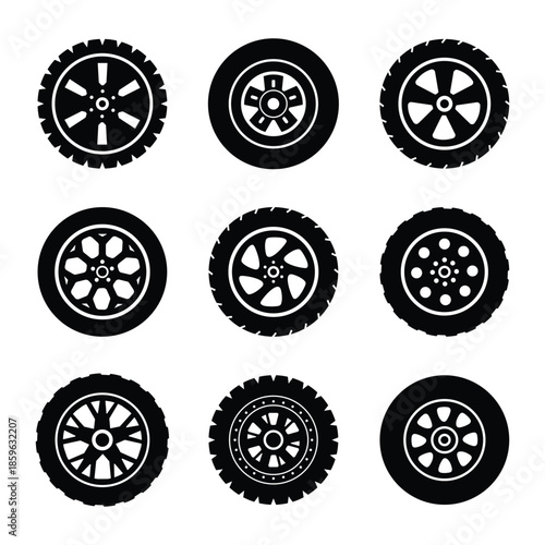 Vehicle Wheel and Tire Icons  Car Rim and Auto Wheel Silhouette Vector Icon Set . Car Wheel and Tire Icon Set Vehicle Rim, Auto Wheel and Tire Silhouette Vector .eps10