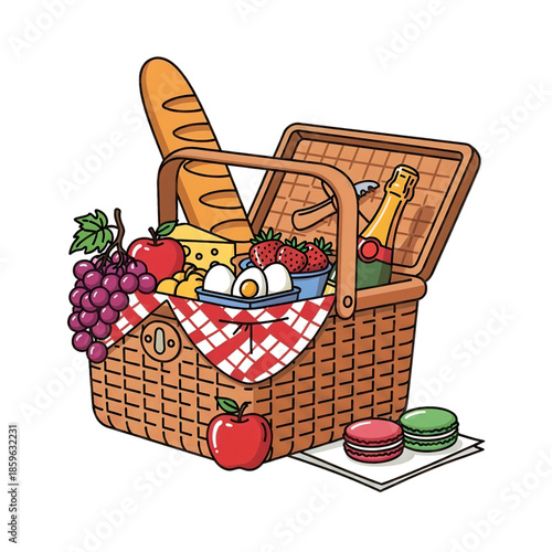Picnic basket with food and fruit, perfect for spring outings and gatherings.