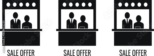 Sale offer counter icon set illustrating retail booths with sales staff silhouettes for promotion, marketing, exhibition, and customer service concept design