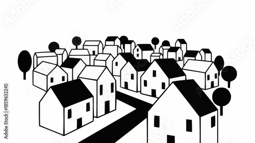 Simple Illustration of a Neighborhood with Houses and Trees.