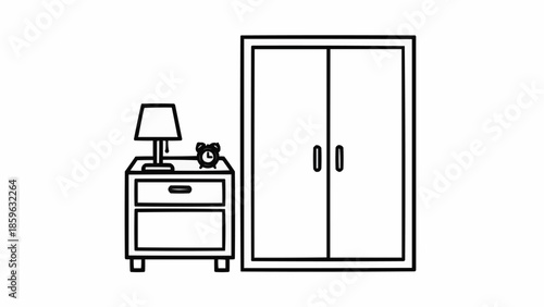 Simple Line Drawing of a Nightstand with Lamp and Closet.