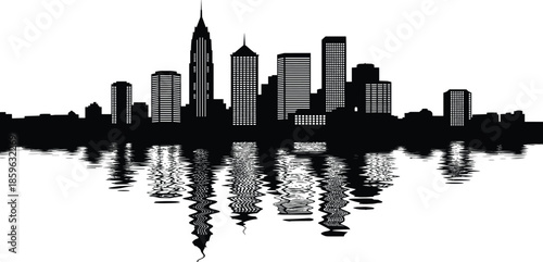 Urban city skyline silhouette with skyscrapers reflected on water surface, modern downtown panorama illustration for architecture, travel, and business design use